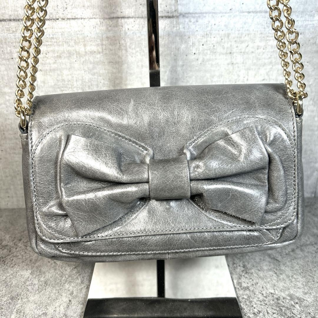 Red Valentino Shoulder Bag Purse Chain Ribbon Leather Authentic