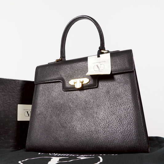 Valentino Garavani Hand Bag Tote Purse Leather Black Authentic