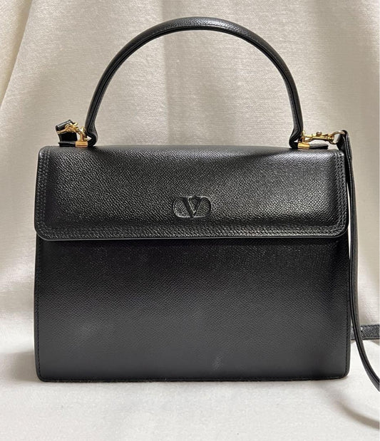 Valentino Garavani Hand Shoulder Bag Tote Purse 2way Logo Leather Black Auth