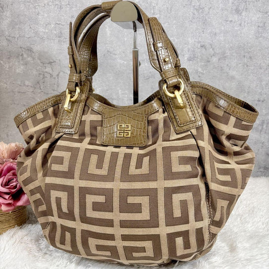 GIVENCHY Hand Bag Tote Purse 4G Leather Canvas Brown Beige Authentic