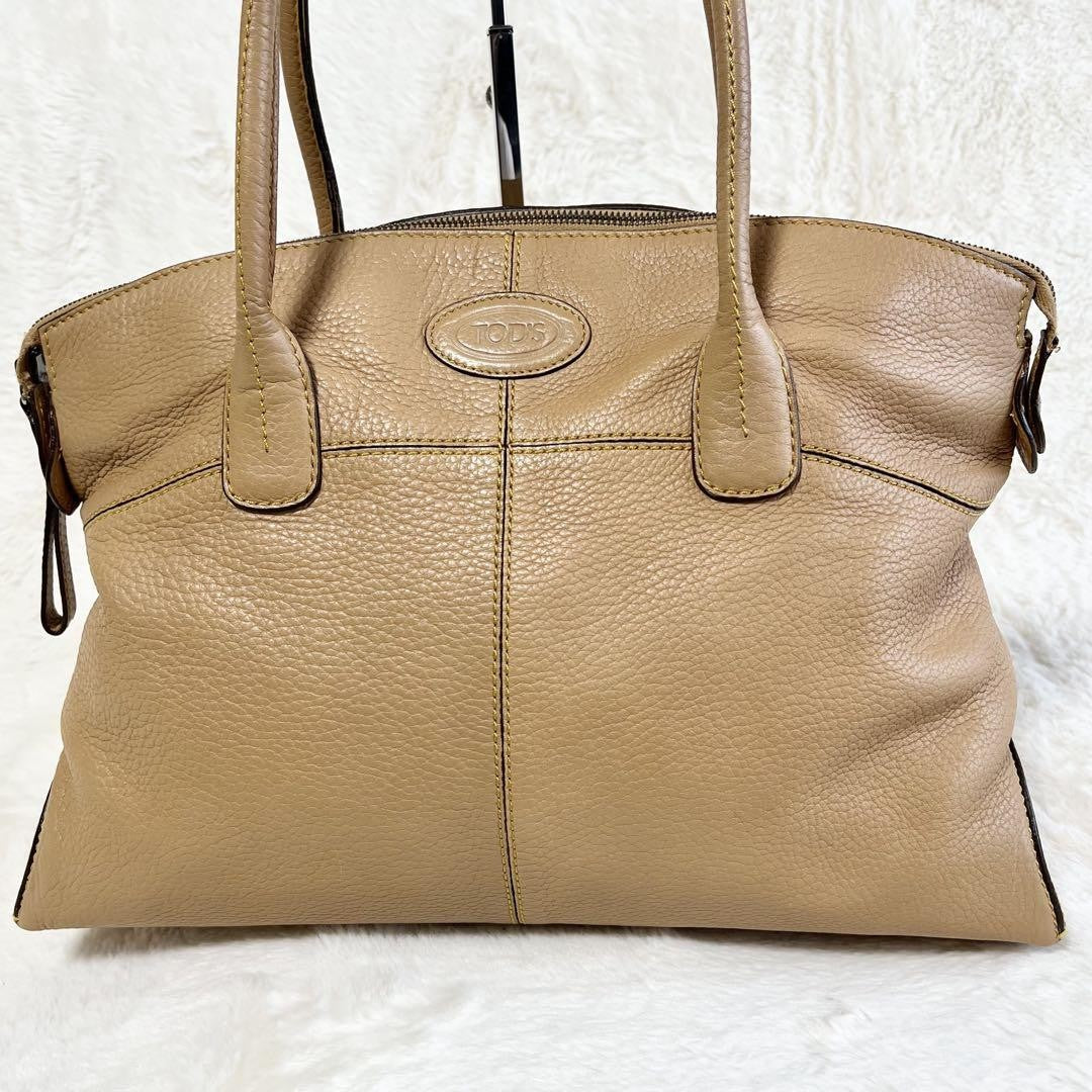 TOD'S Hand Bag Tote Purse Leather Beige Authentic