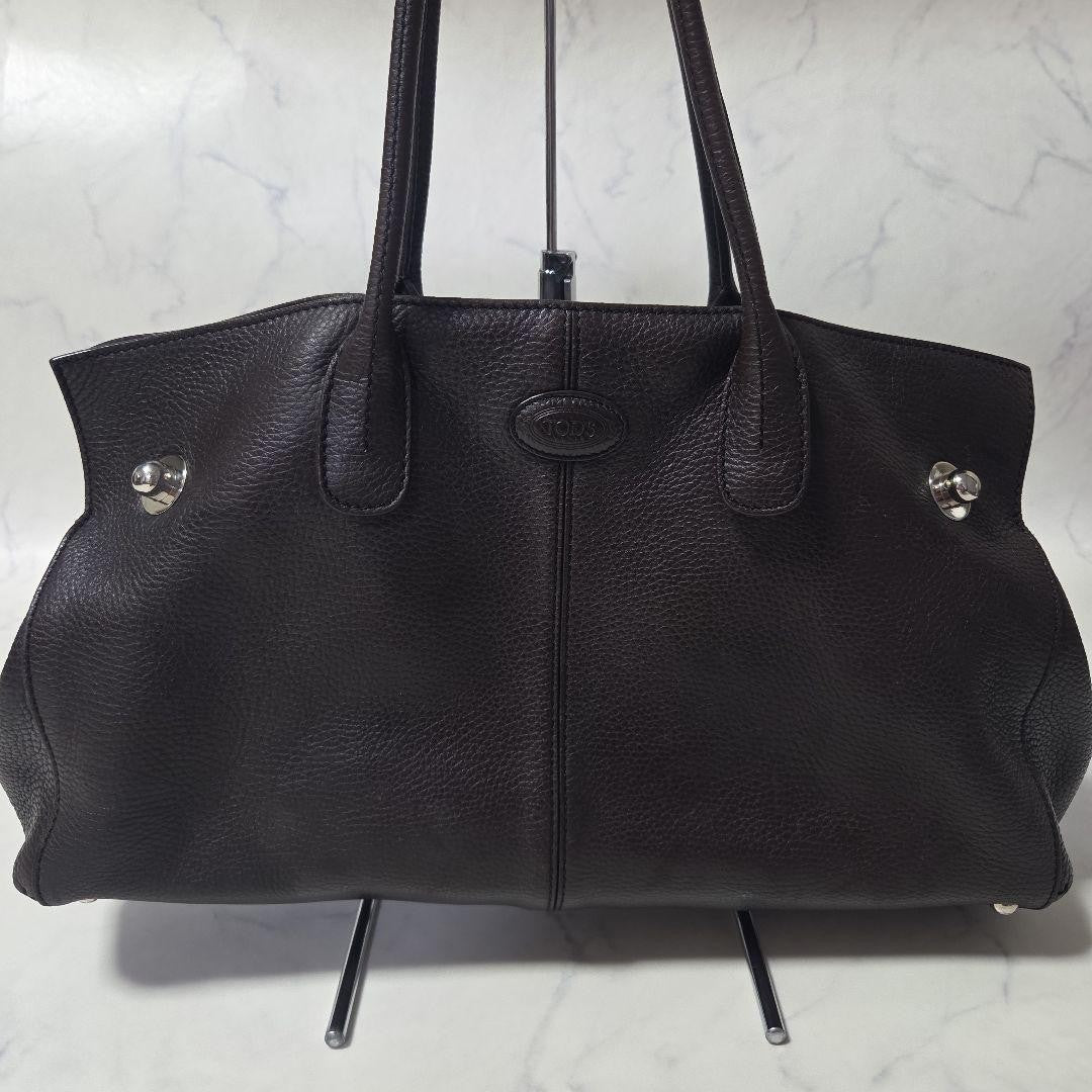 TOD'S Hand Bag Tote Purse 2way Leather Dark Brown Authentic