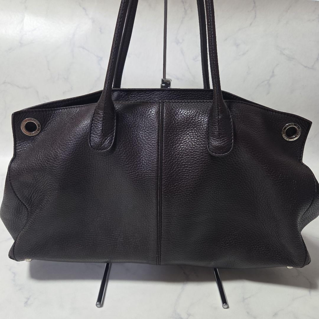 TOD'S Hand Bag Tote Purse 2way Leather Dark Brown Authentic