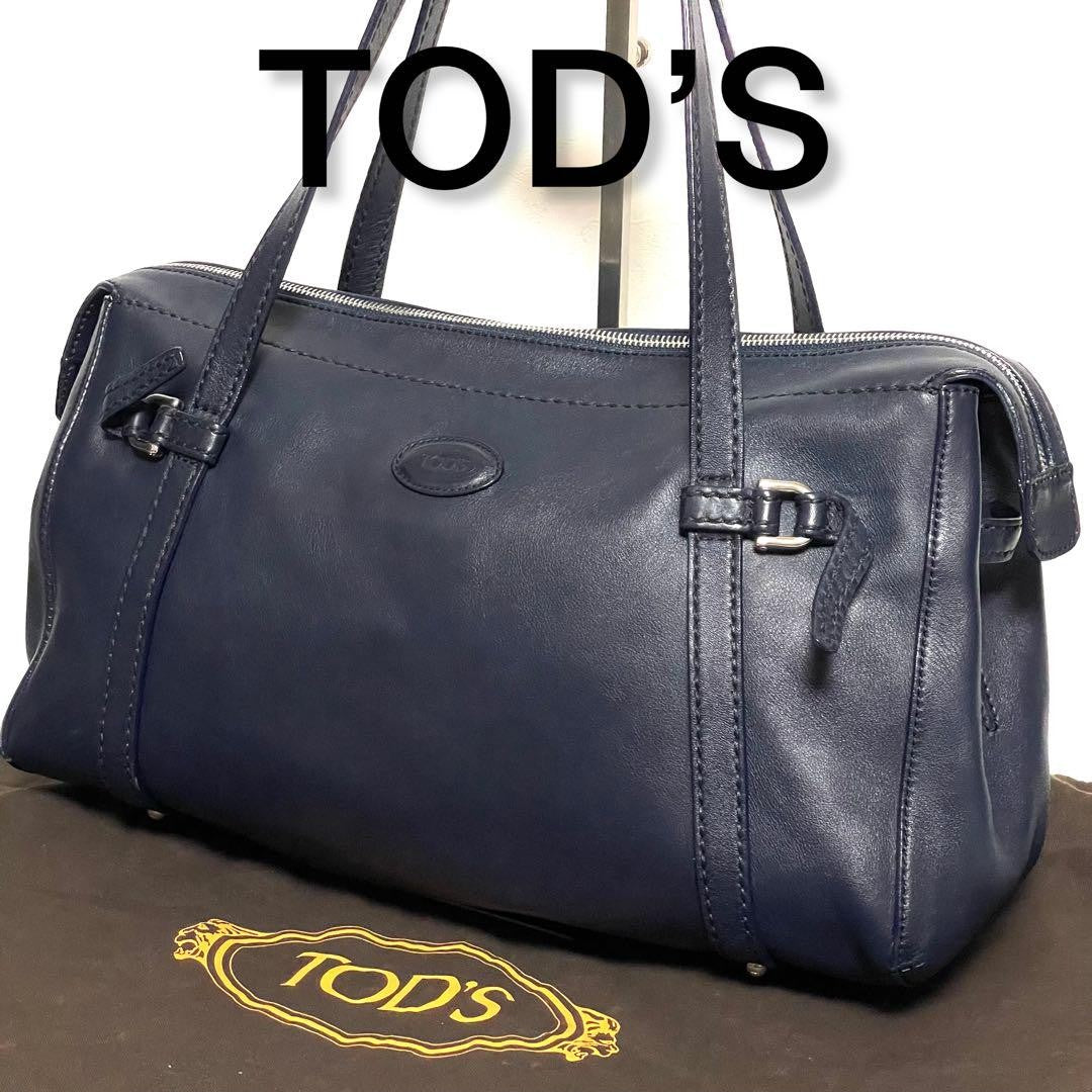 TOD'S Shoulder Bag Purse Boston type Leather Dark Navy Authentic