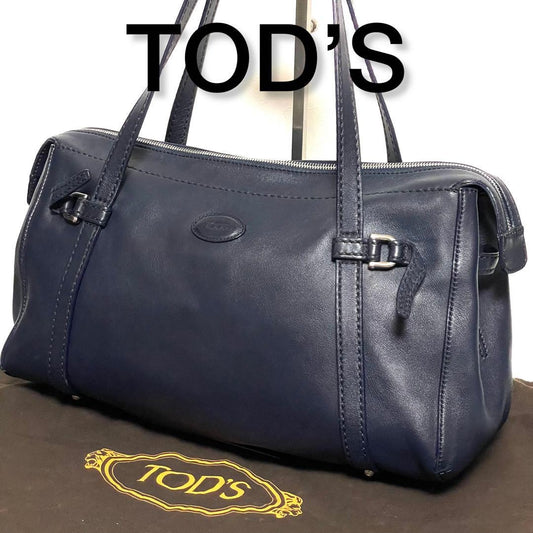TOD'S Shoulder Bag Purse Boston type Leather Dark Navy Authentic