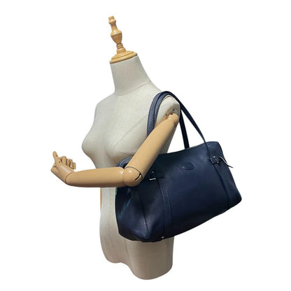TOD'S Shoulder Bag Purse Boston type Leather Dark Navy Authentic