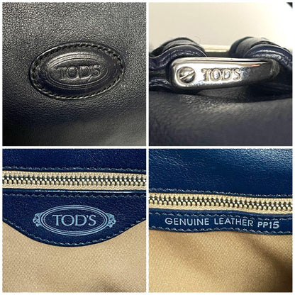 TOD'S Shoulder Bag Purse Boston type Leather Dark Navy Authentic