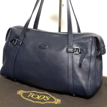 TOD'S Shoulder Bag Purse Boston type Leather Dark Navy Authentic