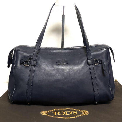 TOD'S Shoulder Bag Purse Boston type Leather Dark Navy Authentic