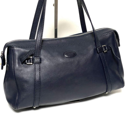 TOD'S Shoulder Bag Purse Boston type Leather Dark Navy Authentic
