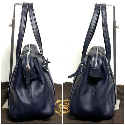 TOD'S Shoulder Bag Purse Boston type Leather Dark Navy Authentic