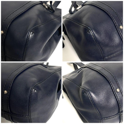 TOD'S Shoulder Bag Purse Boston type Leather Dark Navy Authentic