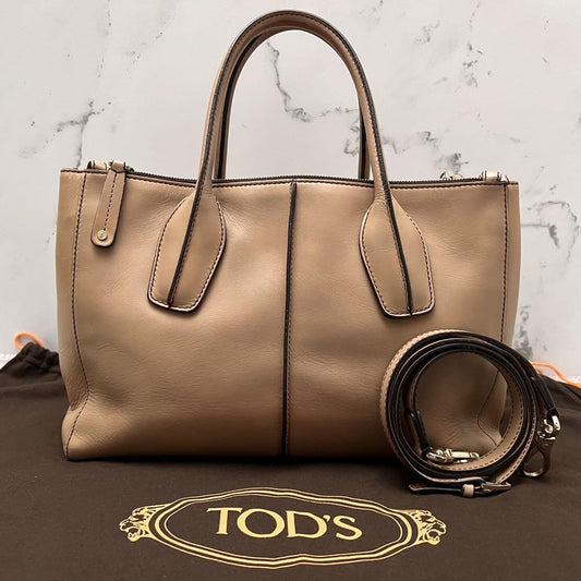 TOD'S Hand Shoulder Bag Tote Purse 2way D-Styling Leather Natural Brown Auth