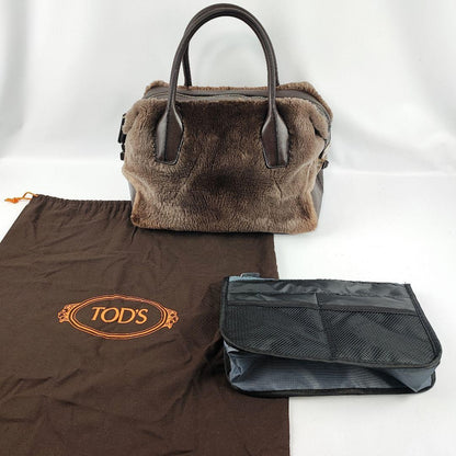 TOD'S Hand Bag Tote Purse Fur Leather Brown Authentic