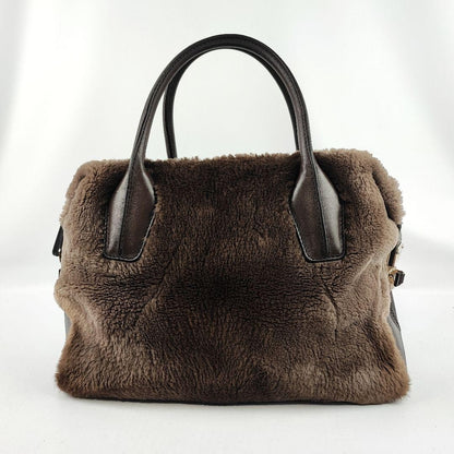 TOD'S Hand Bag Tote Purse Fur Leather Brown Authentic