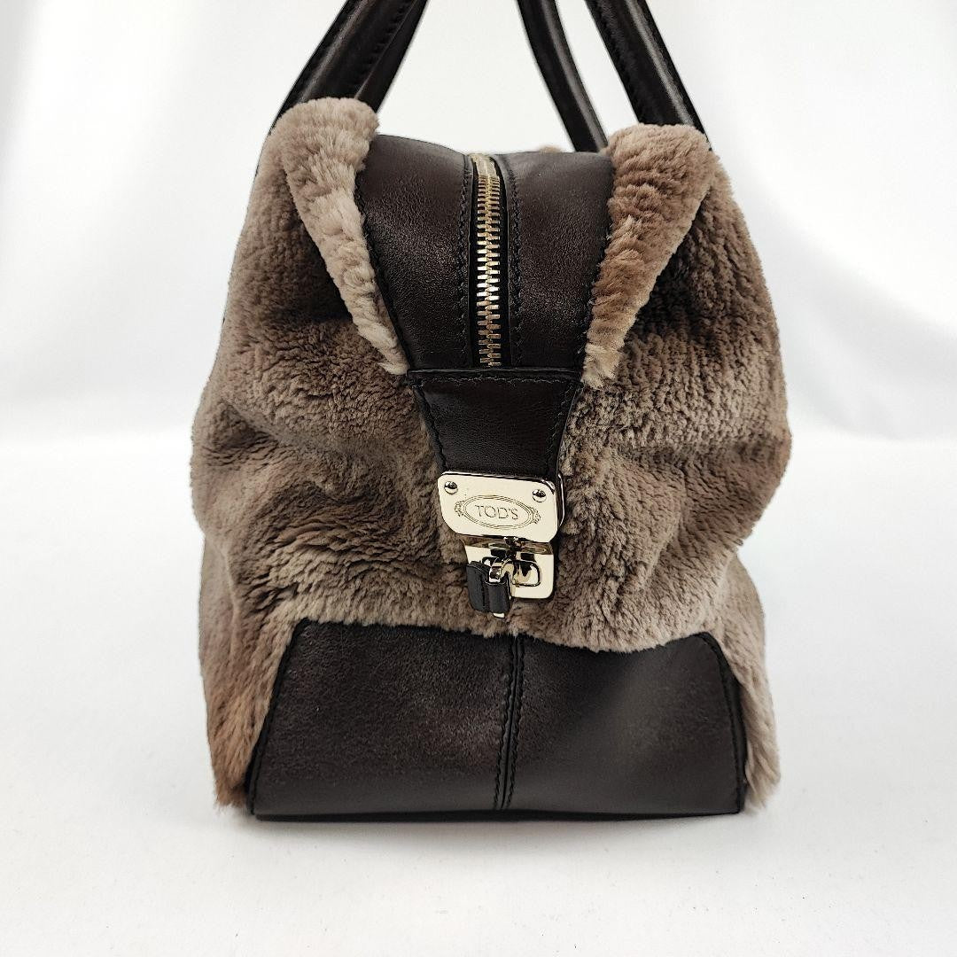 TOD'S Hand Bag Tote Purse Fur Leather Brown Authentic