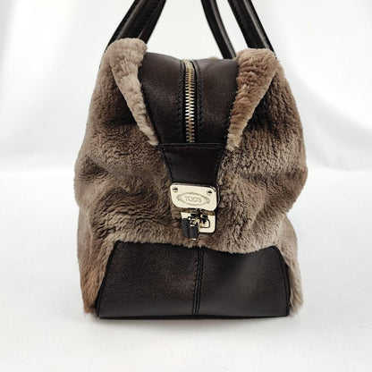 TOD'S Hand Bag Tote Purse Fur Leather Brown Authentic