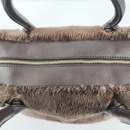 TOD'S Hand Bag Tote Purse Fur Leather Brown Authentic