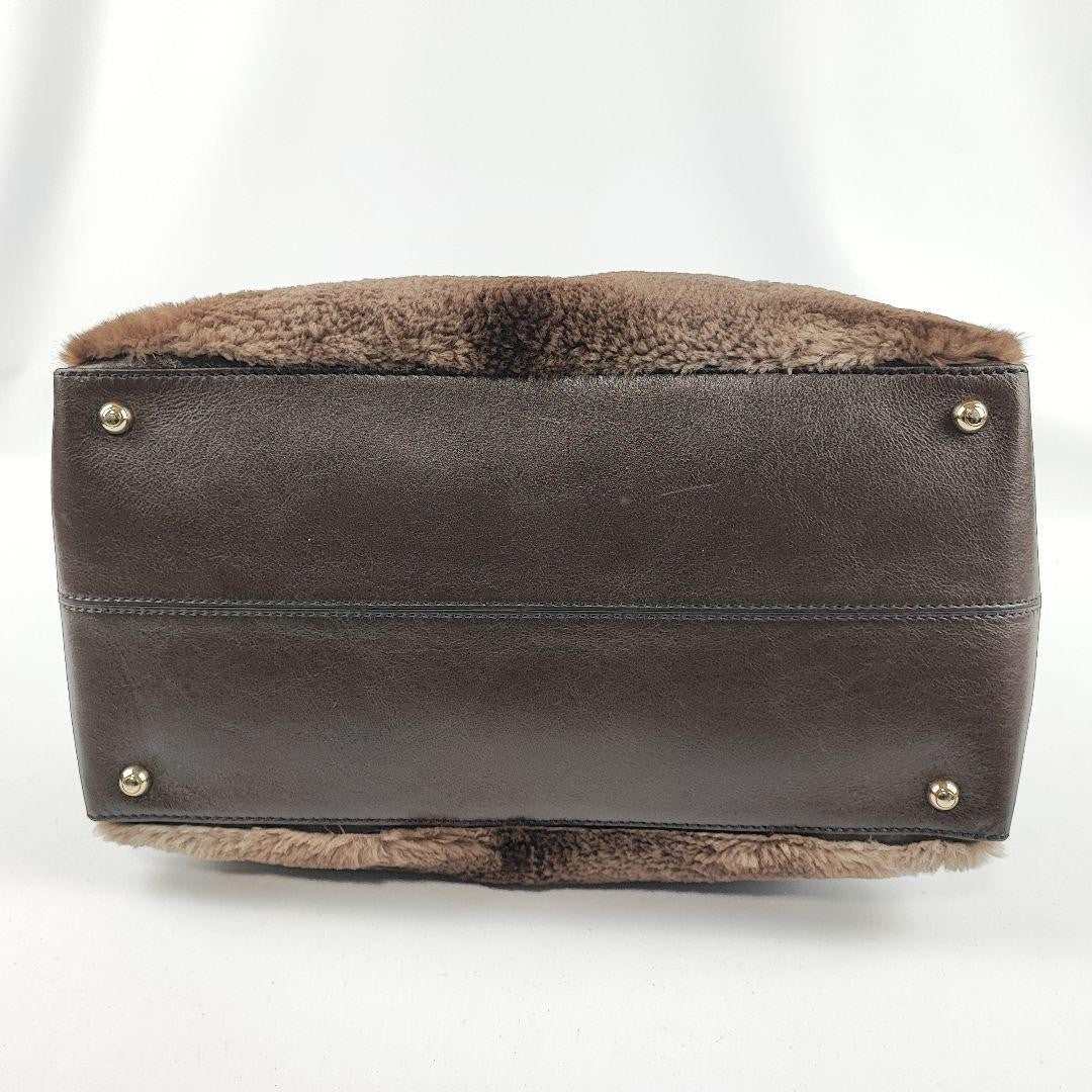 TOD'S Hand Bag Tote Purse Fur Leather Brown Authentic