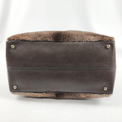 TOD'S Hand Bag Tote Purse Fur Leather Brown Authentic