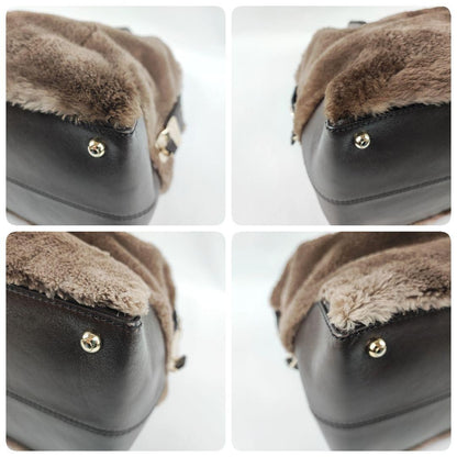 TOD'S Hand Bag Tote Purse Fur Leather Brown Authentic