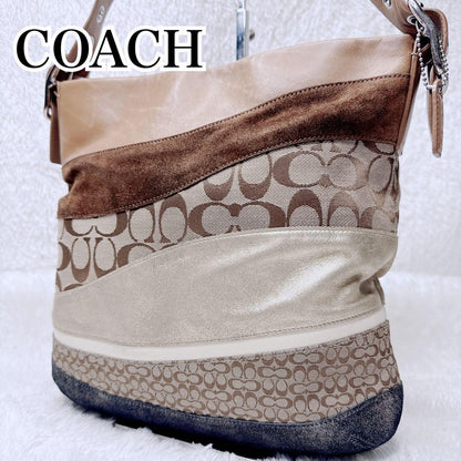 COACH Shoulder Bag Purse Signature Suede Canvas Leather Brown Authentic