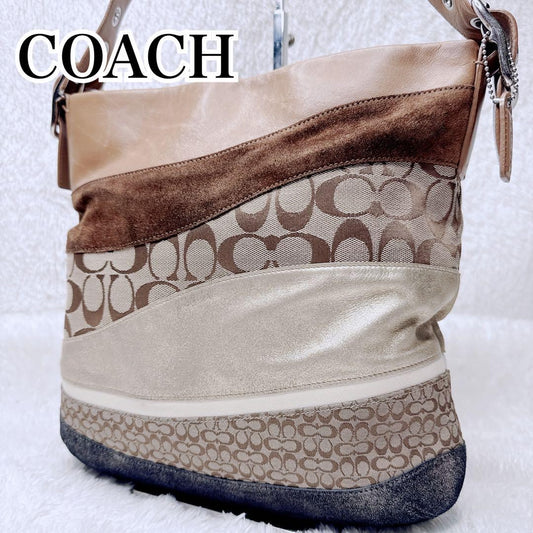 COACH Shoulder Bag Purse Signature Suede Canvas Leather Brown Authentic