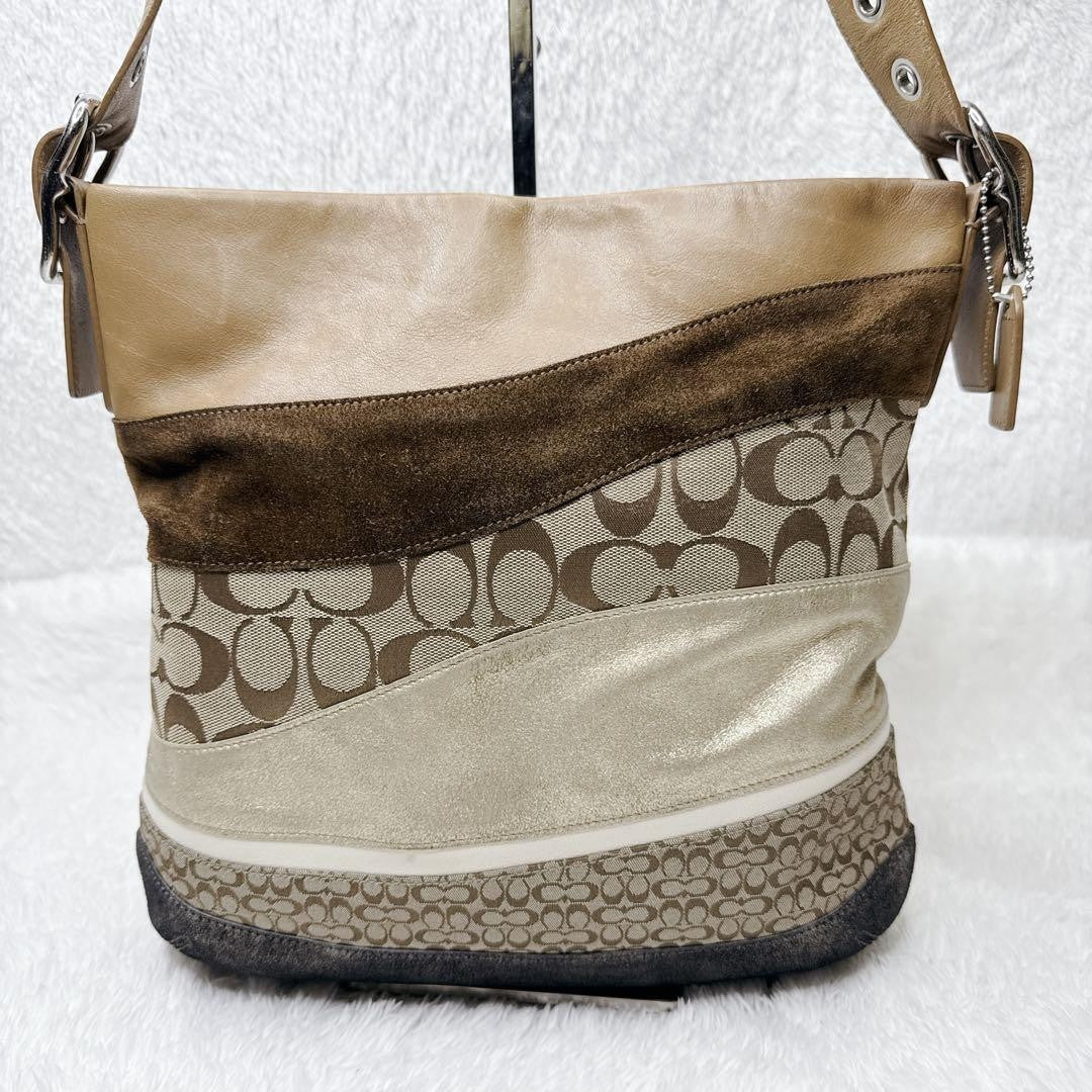COACH Shoulder Bag Purse Signature Suede Canvas Leather Brown Authentic