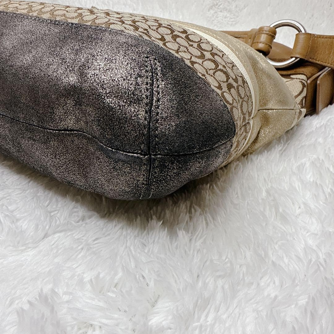 COACH Shoulder Bag Purse Signature Suede Canvas Leather Brown Authentic