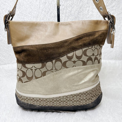 COACH Shoulder Bag Purse Signature Suede Canvas Leather Brown Authentic