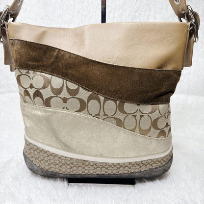 COACH Shoulder Bag Purse Signature Suede Canvas Leather Brown Authentic