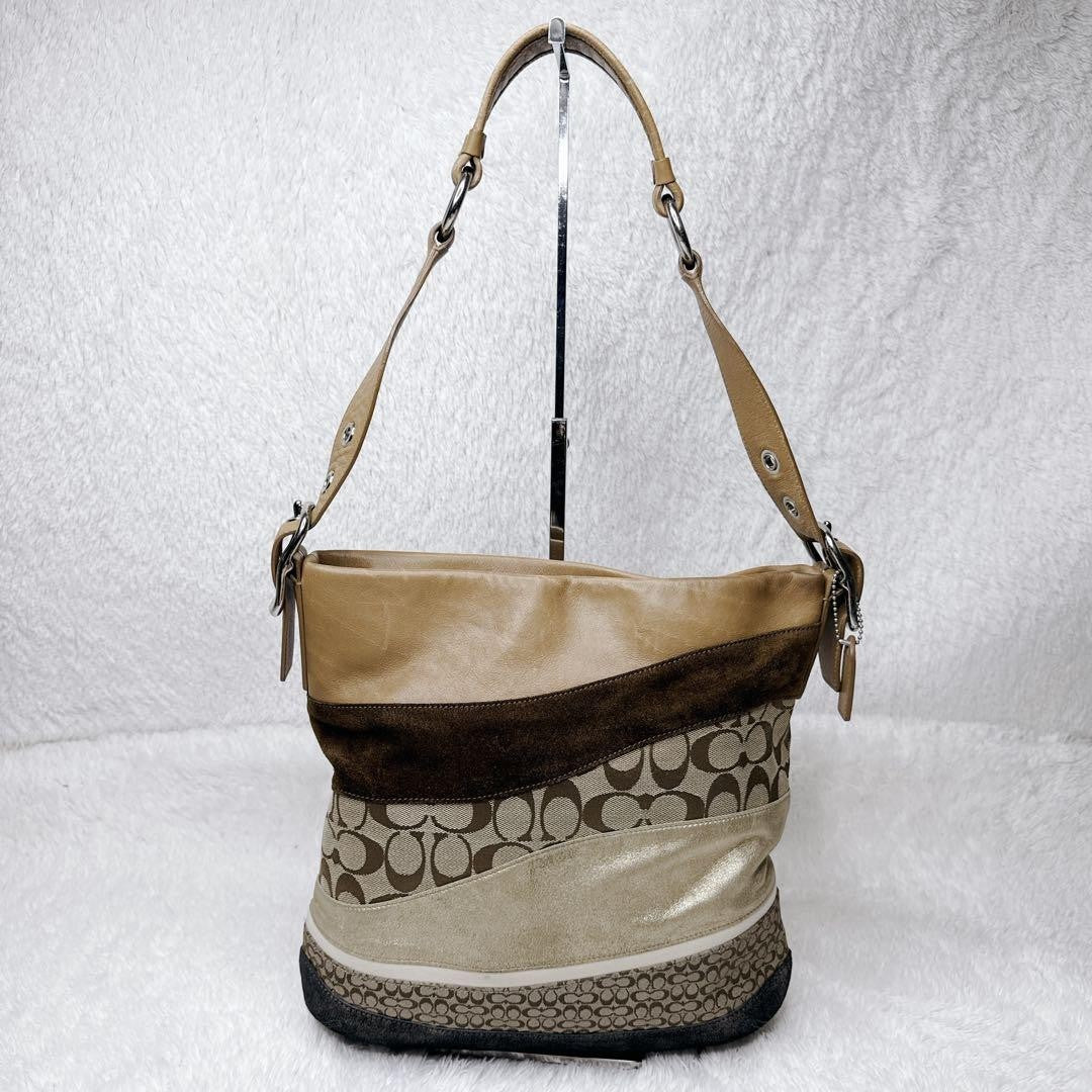 COACH Shoulder Bag Purse Signature Suede Canvas Leather Brown Authentic