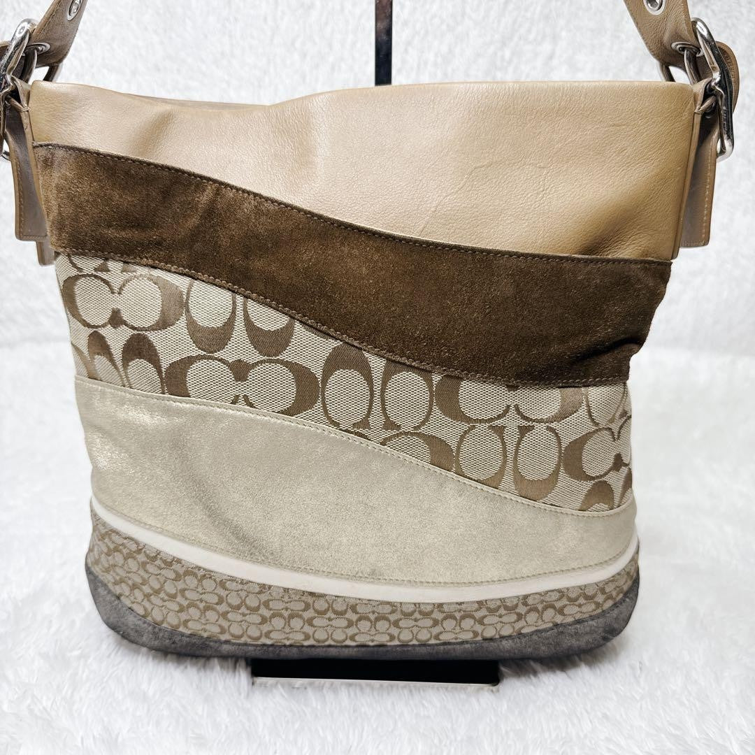 COACH Shoulder Bag Purse Signature Suede Canvas Leather Brown Authentic