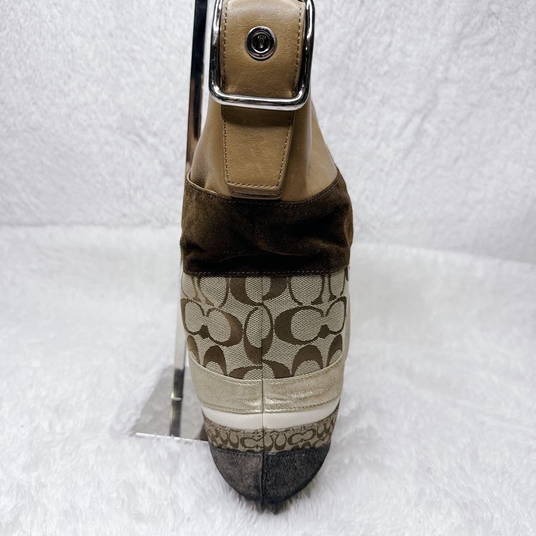 COACH Shoulder Bag Purse Signature Suede Canvas Leather Brown Authentic