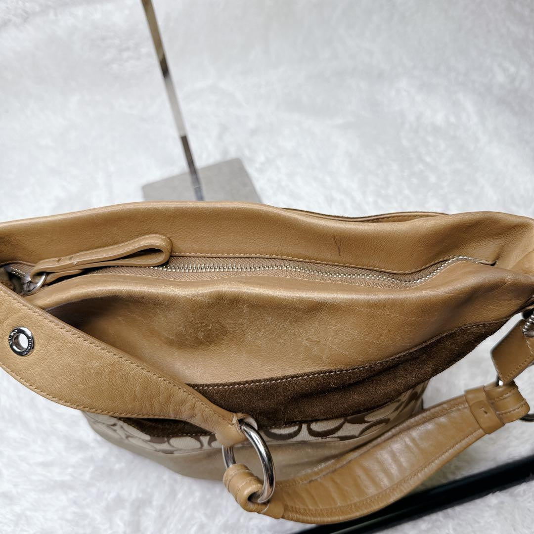 COACH Shoulder Bag Purse Signature Suede Canvas Leather Brown Authentic