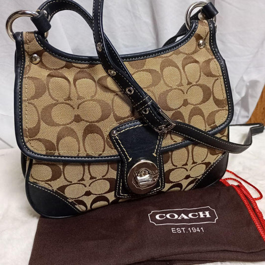 COACH Shoulder Bag Purse Signature Canvas Brown Black Authentic