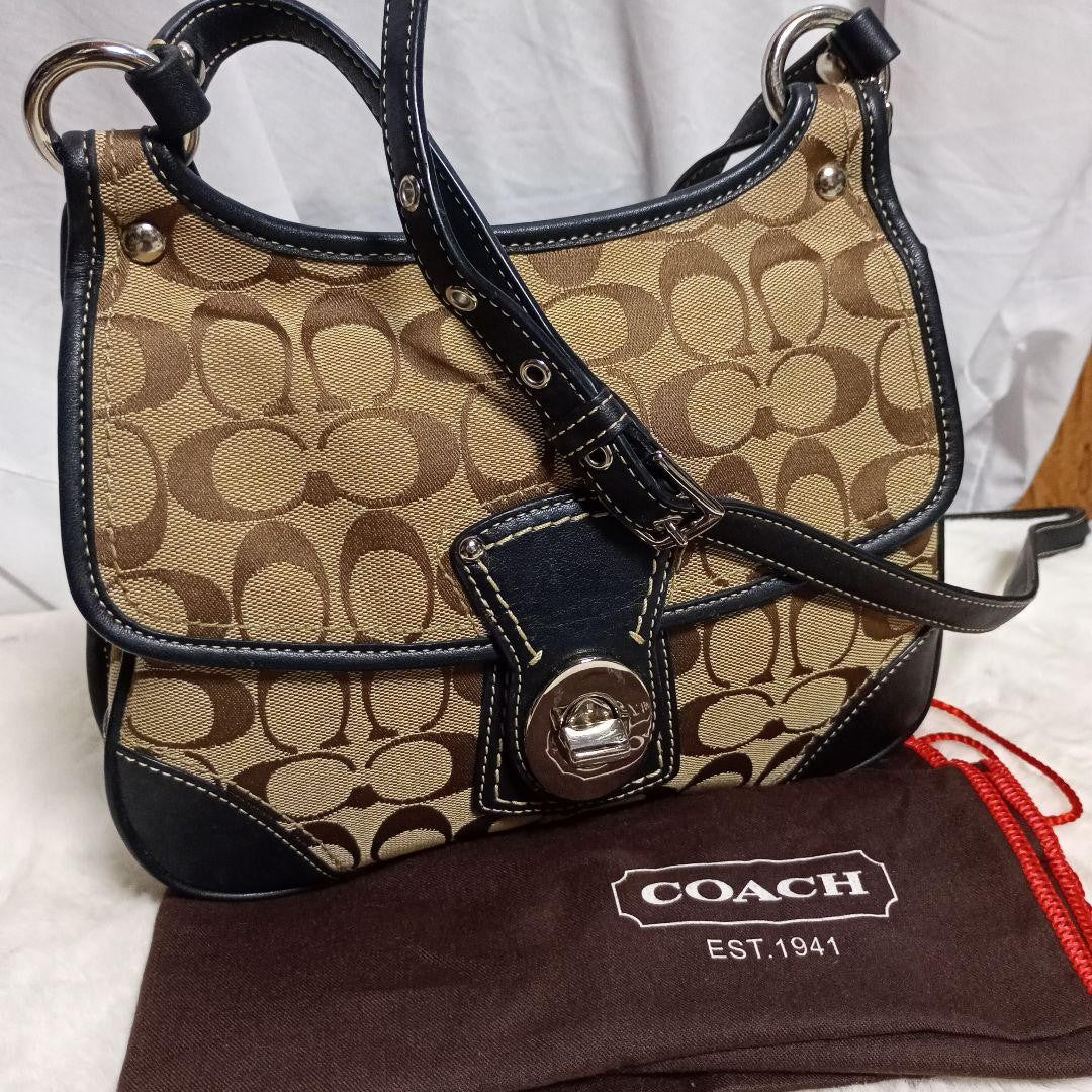 COACH Shoulder Bag Purse Signature Canvas Brown Black Authentic
