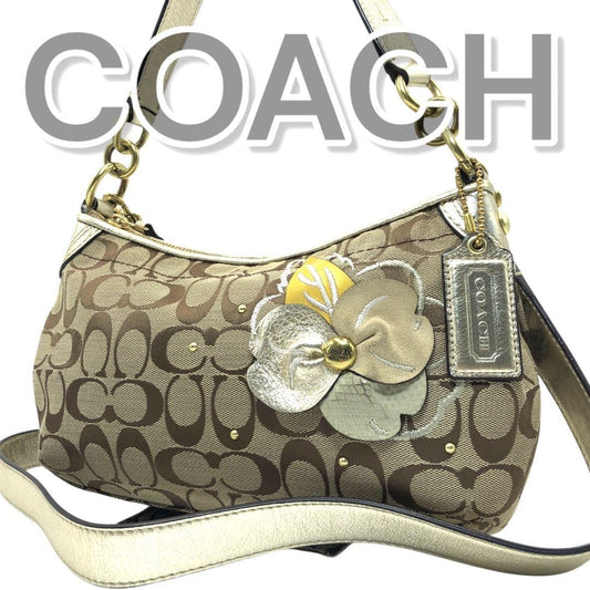 COACH Hand Shoulder Bag Tote Purse 2way Signature Canvas Leather Beige Authentic