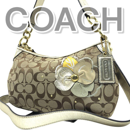 COACH Hand Shoulder Bag Tote Purse 2way Signature Canvas Leather Beige Authentic