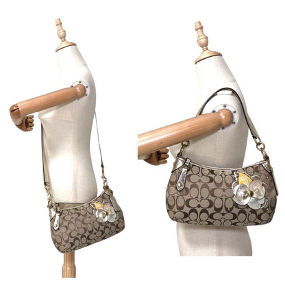 COACH Hand Shoulder Bag Tote Purse 2way Signature Canvas Leather Beige Authentic