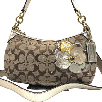 COACH Hand Shoulder Bag Tote Purse 2way Signature Canvas Leather Beige Authentic