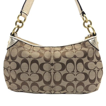 COACH Hand Shoulder Bag Tote Purse 2way Signature Canvas Leather Beige Authentic