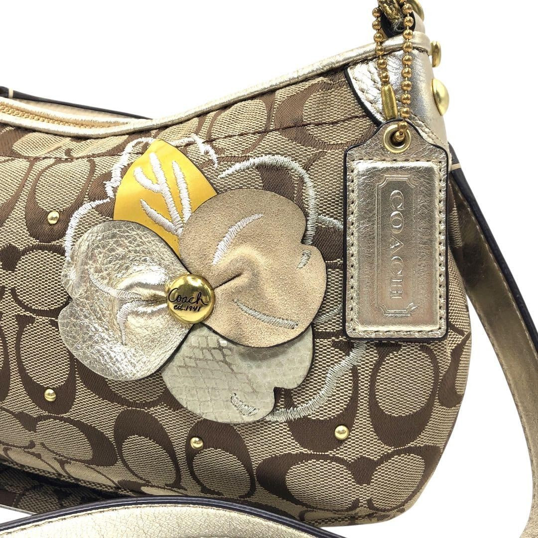 COACH Hand Shoulder Bag Tote Purse 2way Signature Canvas Leather Beige Authentic