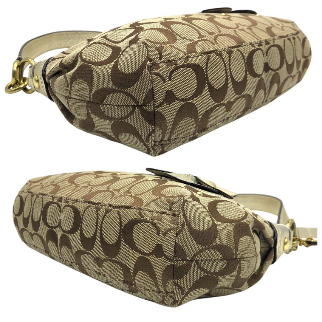 COACH Hand Shoulder Bag Tote Purse 2way Signature Canvas Leather Beige Authentic