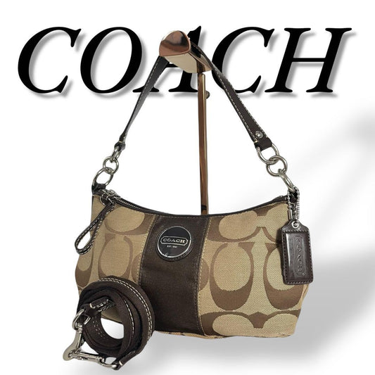 COACH Shoulder Bag Purse 2way Signature Canvas Leather Brown Beige Authentic