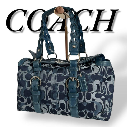 COACH Shoulder Bag Purse Mini Boston Signature 10995 Canvas Leather Navy Auth