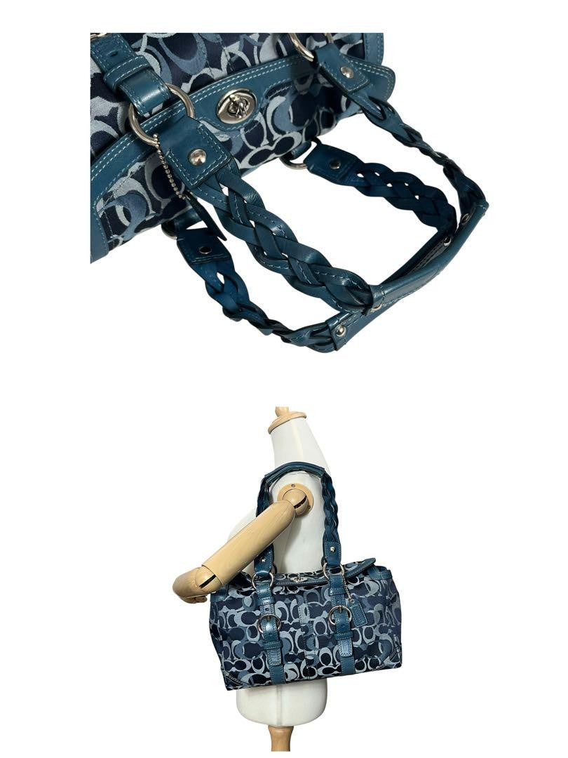 COACH Shoulder Bag Purse Mini Boston Signature 10995 Canvas Leather Navy Auth