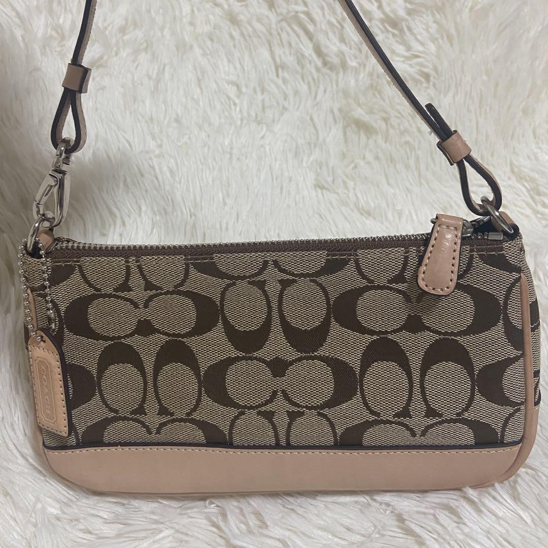 COACH Shoulder Bag Purse Signature Canvas Leather Beige Authentic