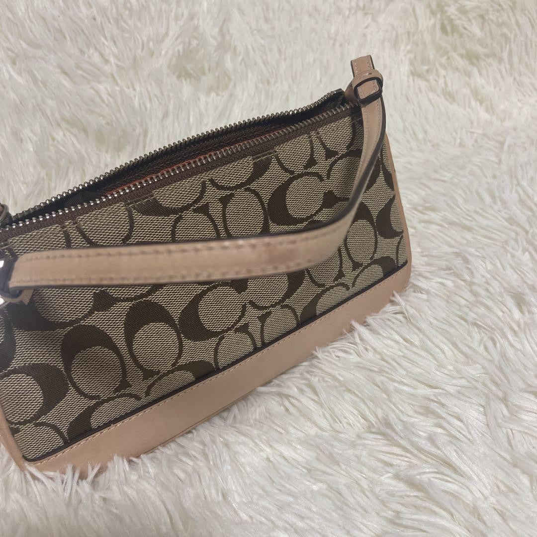 COACH Shoulder Bag Purse Signature Canvas Leather Beige Authentic
