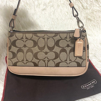 COACH Shoulder Bag Purse Signature Canvas Leather Beige Authentic